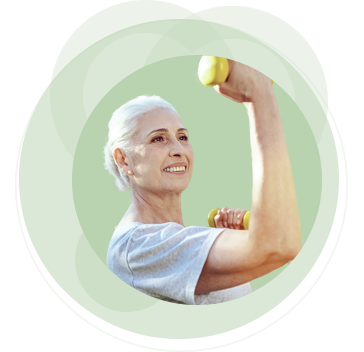 Teaser Aktive Patientin grün Kreise Ältere sportliche Frau mit Hantel