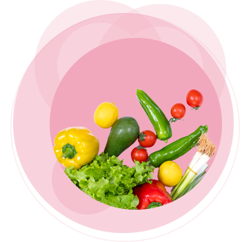 Teaser Gesunde Ernährung rosa Kreise Paprika, Tomaten, Salat und weitere gesunde Gemüsesorten