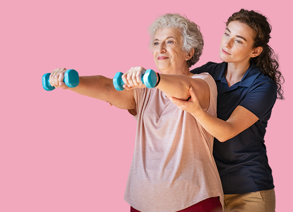 Teaser Bewegung und günstige Sportarten rosa Physiotherapeutin unterstützt bei der Bewegung mit Hanteln