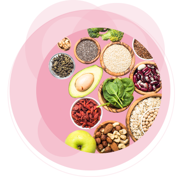 Teaser Superfoods rosa Kreise Superfoods wie Nüsse, Avocado, Spinat, Äpfel, Bohnen