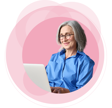 Teaser Fragen an Arzt rosa Kreise Frau mit Laptop